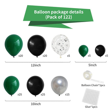 Cunnikku Balloon Garland Arch Kit - 122PCS Black Dark Green Silver Rubber Balloons for Jungle Birthday Baby Shower Graduation Party