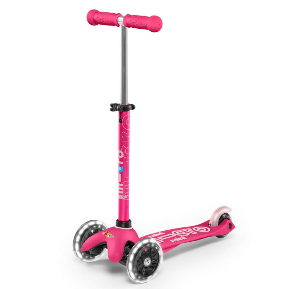 Micro® Mini Deluxe Led, Original Design 2-5 Years, Weight 1.95 Kg, Max Load 50 Kg, Height 48-68 Cm, 3 Wheels Scooter With Led Lighting, Abec9 Bearings, Non-Slip Platform (Single, Pink)