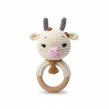 Sycamore East Crochet Baby Teether Combo (Bunny & Bear) - Soft Handmade Cotton Rattle Toy With Wooden Ring For Infants - Cow 1 P