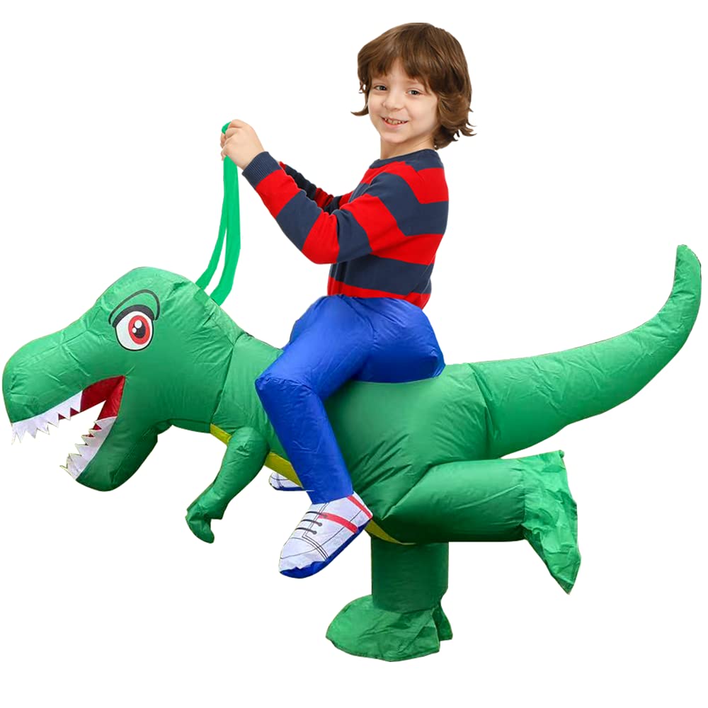 Bddedd Kids Inflatable Costume, Dinosaur Rider,Blow Up T-Rex Costumes With Led Light For Cosplay Halloween Christmas Party (Gree