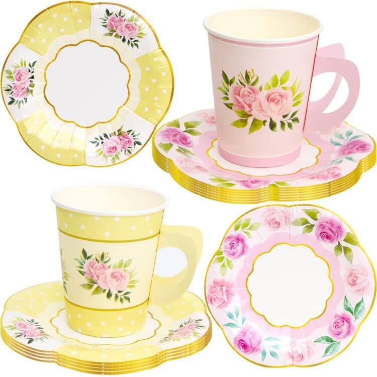 ceiba tree Floral Paper Disposable Tea Cups with Handle and Saucers Tea Party Decorations Favors 24 Sets for Girls Women Flower