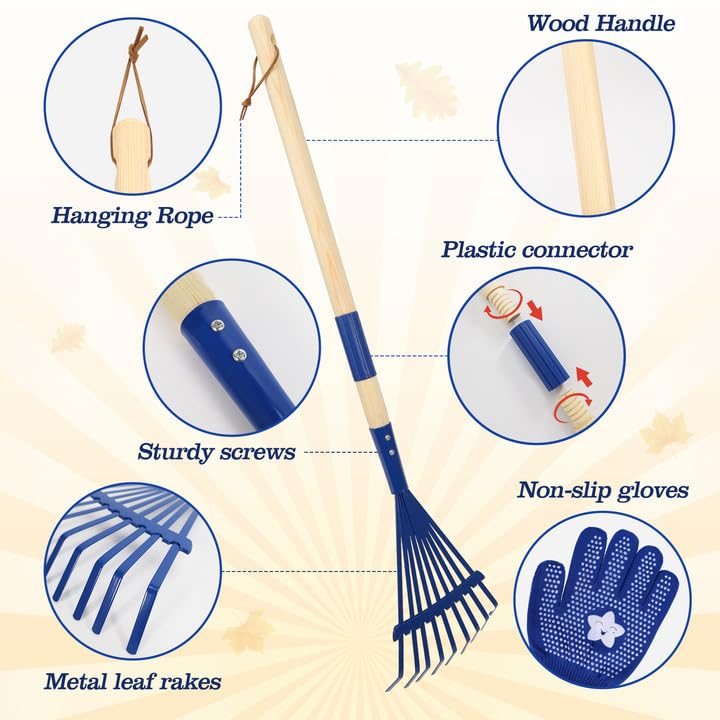 Nng 2 Pcs 27'' Metal Kids Leaves Rakes And 2 Pcs Kids Gloves,Small Kids Lawn Rakes With Wooden Handle,Garden Tool Set For Kids B