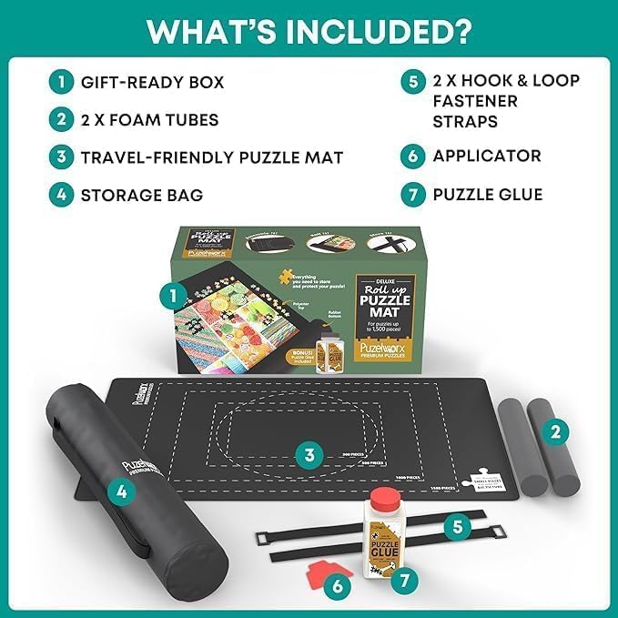 Rubber Puzzle Mat, Roll Up Puzzle Board For Jigsaw Puzzles - 1500 Pieces Protector, Saver, Organizer, Non-Slip Rubber Bottom, Foam Rolling Tube, Polyester Top W/Storage Bag + Bonus Puzzle Glue
