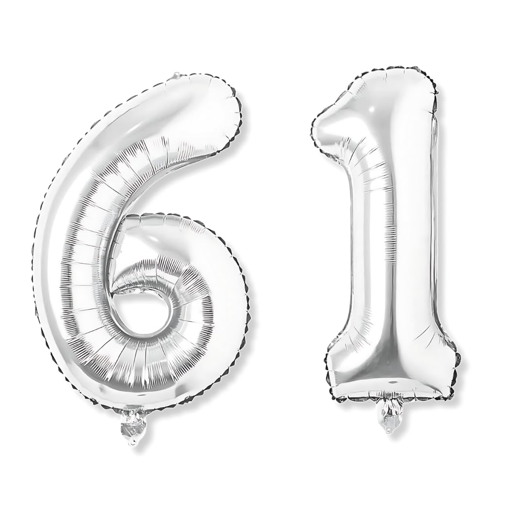 Flyloons 61 Number Silver Foil Balloon 16 Inch Size Birthday Decoration Items Pack Of 2 | 61St Year Balloons | Sixty One