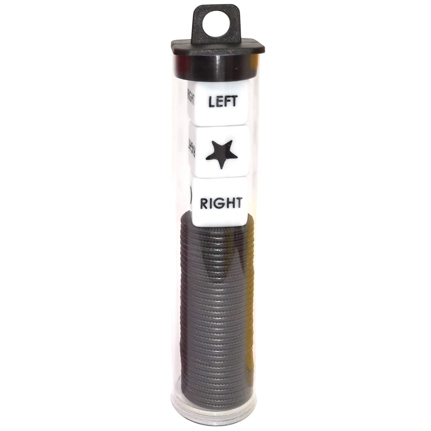 Ahoper Left Right Center Dice Game Prime Set Bundle With 3 Dices + 36 Chips. Round Tube Storage Is Very Convenient For Travel. Easy To Store, Carry Around. (Black)