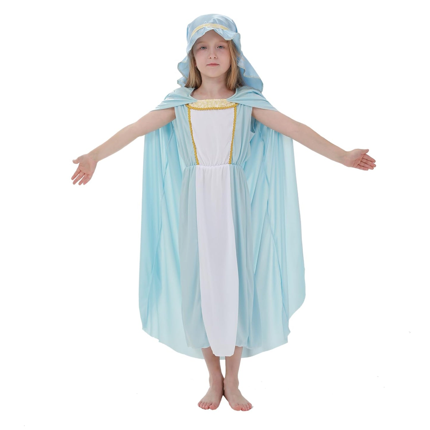 Aroacle Girls Virgin Mary Costume Saint Mary Biblical Outfit Religious Nativity Dress For Kids With Cape And Headpiece (9-10Y)