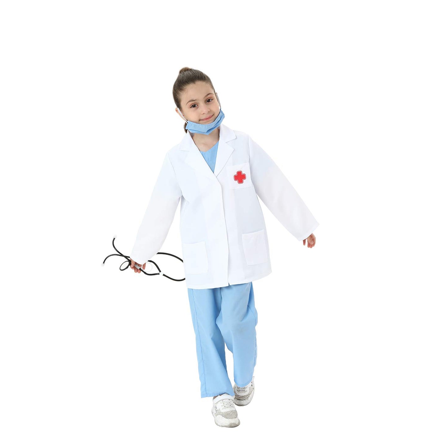 Lingway Toys Kids Pretend Role Play Costumes White Coat With Blue Scrubs And Accessories 6-8Years