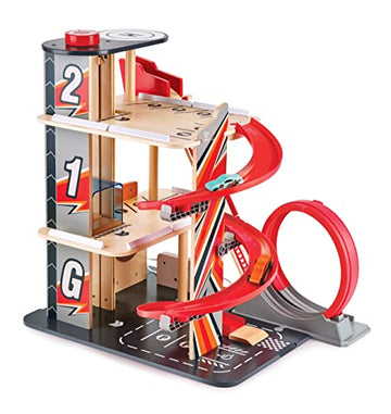 Hape Gearhead Stunt Garage Kids Wooden Toy Car Parking Garage Playset W/Elevator And 2 Exit Tracks, Detachable Loop, Includes 2 
