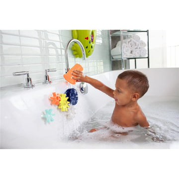 Boon Cogs Baby Bath Toys - Spinning Gear Themed Sensory Baby Toys For Bathtub - Suction Toys For Bathtub Walls - Navy And Yellow - 5 Count - Ages 12 Months And Up