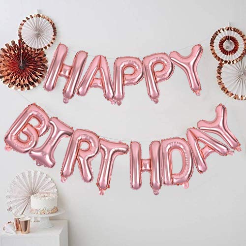 TONIFUL Rose Gold Mylar Foil Birthday Balloons Banner, 16 Inch, Reusable Aluminum Letters for Kids & Adults Party Decorations