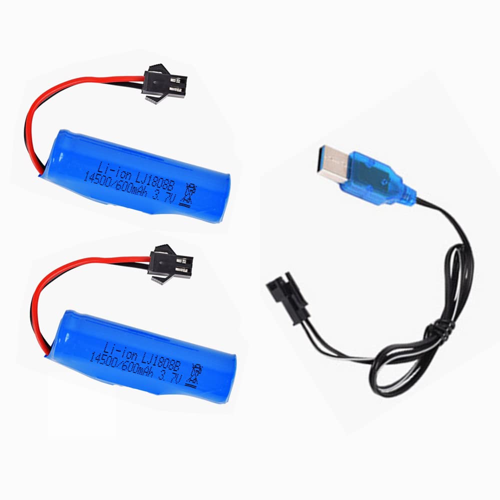 2 Pack 3.7V 600mAh Li-ion Rechargeable Battery 1450cell with USB Charger Cable for Double Sided Rotating Tumbling Amphibious RC 