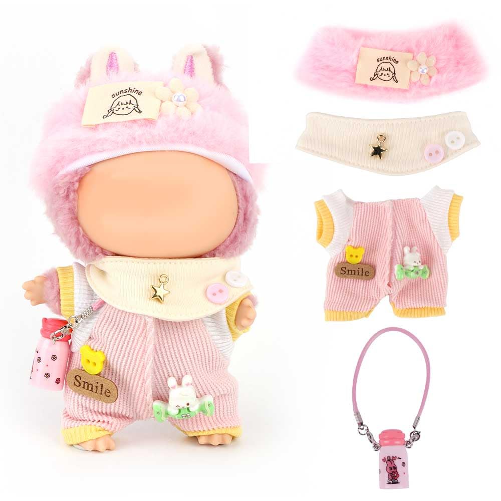 WALLFID Doll Clothes for Labubu   4-Piece Outfit Set for 17cm Dolls   Fashion Outfit with Hat Top Pants & Accessories  Doll Wardrobe Essentials (No Doll) (Sweetie Pink)