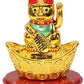 M.V. Trading Japanese Maneki Neko Fortune Cat Lucky Solar Powered Lucky Waving Arm Cat Sitting On Gold Bar, Gold, 5-Inches