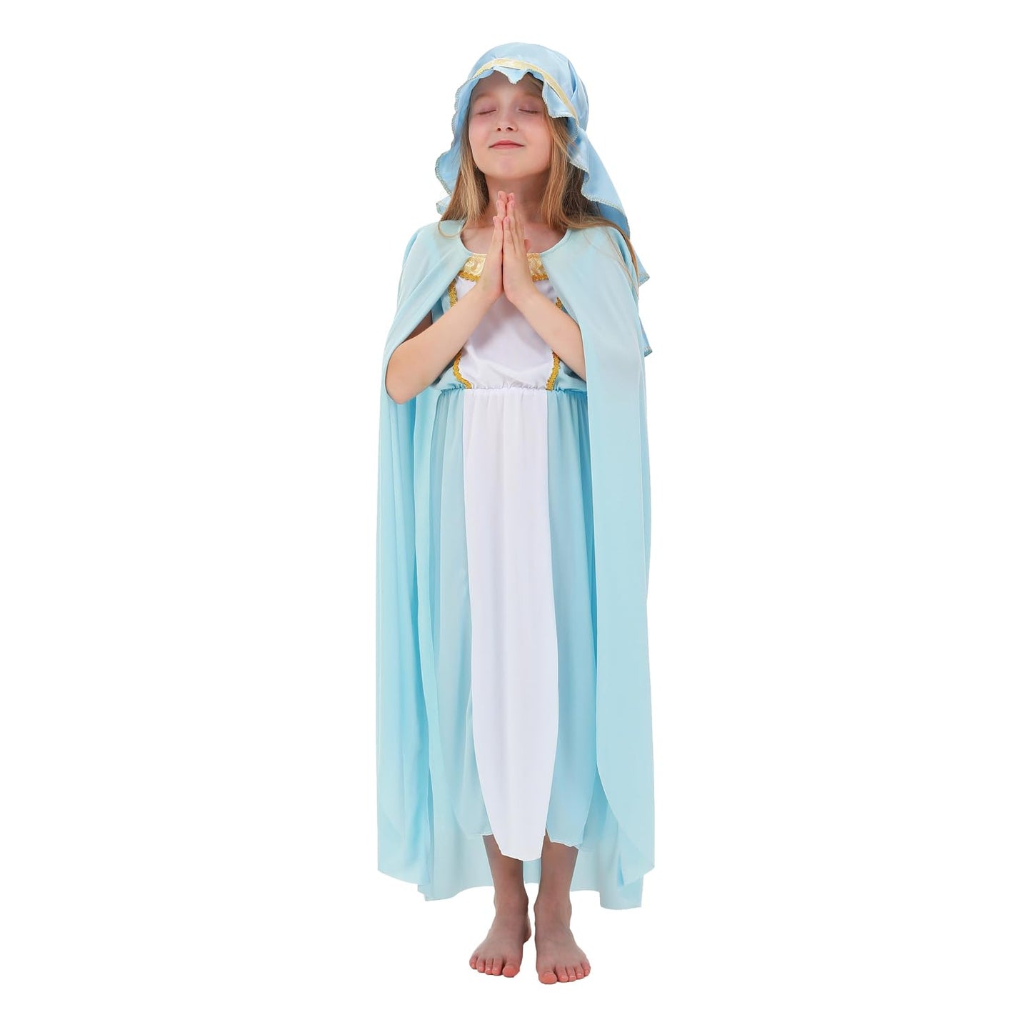 Aroacle Girls Virgin Mary Costume Saint Mary Biblical Outfit Religious Nativity Dress For Kids With Cape And Headpiece (9-10Y)