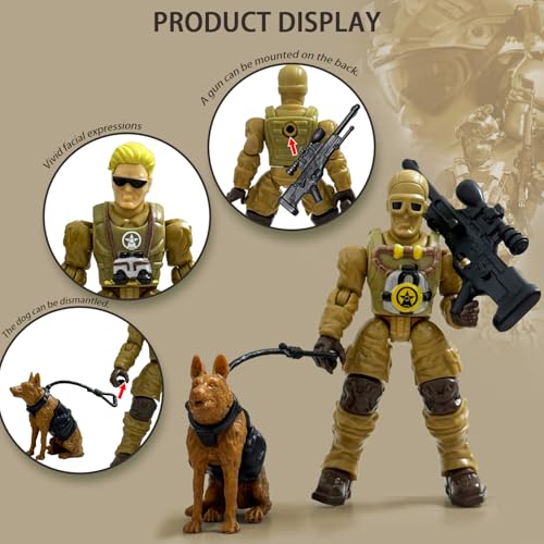 Baimiby Army Men Action Figures 6 Pack Army Toy Soldiers for Boys Age 3+ Military Playset Action Figure with 2 Dogs and  Army Toy Set Birthday Gift for Toddler Boy 6-8