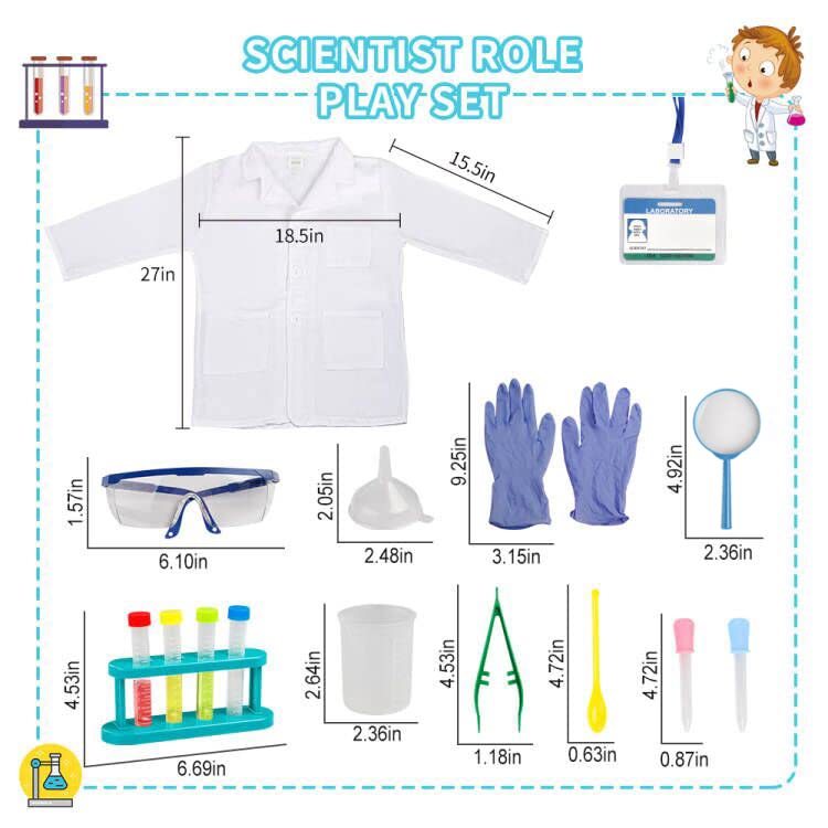 Lesheng Space Scientist Costume for Kids, Lab Coat & Science Kit, Ages 4-8, White, Model 9005