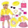 18 Inch Doll Clothes And Doll Accessories Case Luggage Travel Play Set Include Yellow Jacket, Top, Skirt, Hat, Handbag, Glasses, Bracelet... (No Doll)