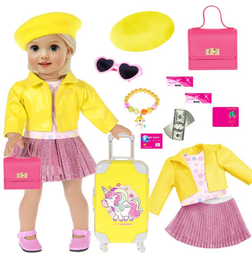 18 Inch Doll Clothes And Doll Accessories Case Luggage Travel Play Set Include Yellow Jacket, Top, Skirt, Hat, Handbag, Glasses, Bracelet... (No Doll)