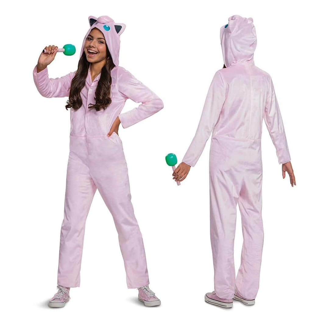 Jigglypuff Pokemon Kids Costume, Official Pokemon Hooded Jumpsuit With Microphone, Classic Size Large (10-12) Multicolored
