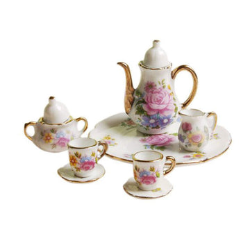Sxfse Dollhouse Decoration Kitchen Accessories, 8Pcs Dining Ware Porcelain Tea Cup Set Pink Dish Cup Plate With Golden Trim 1/6 Dollhouse Miniature