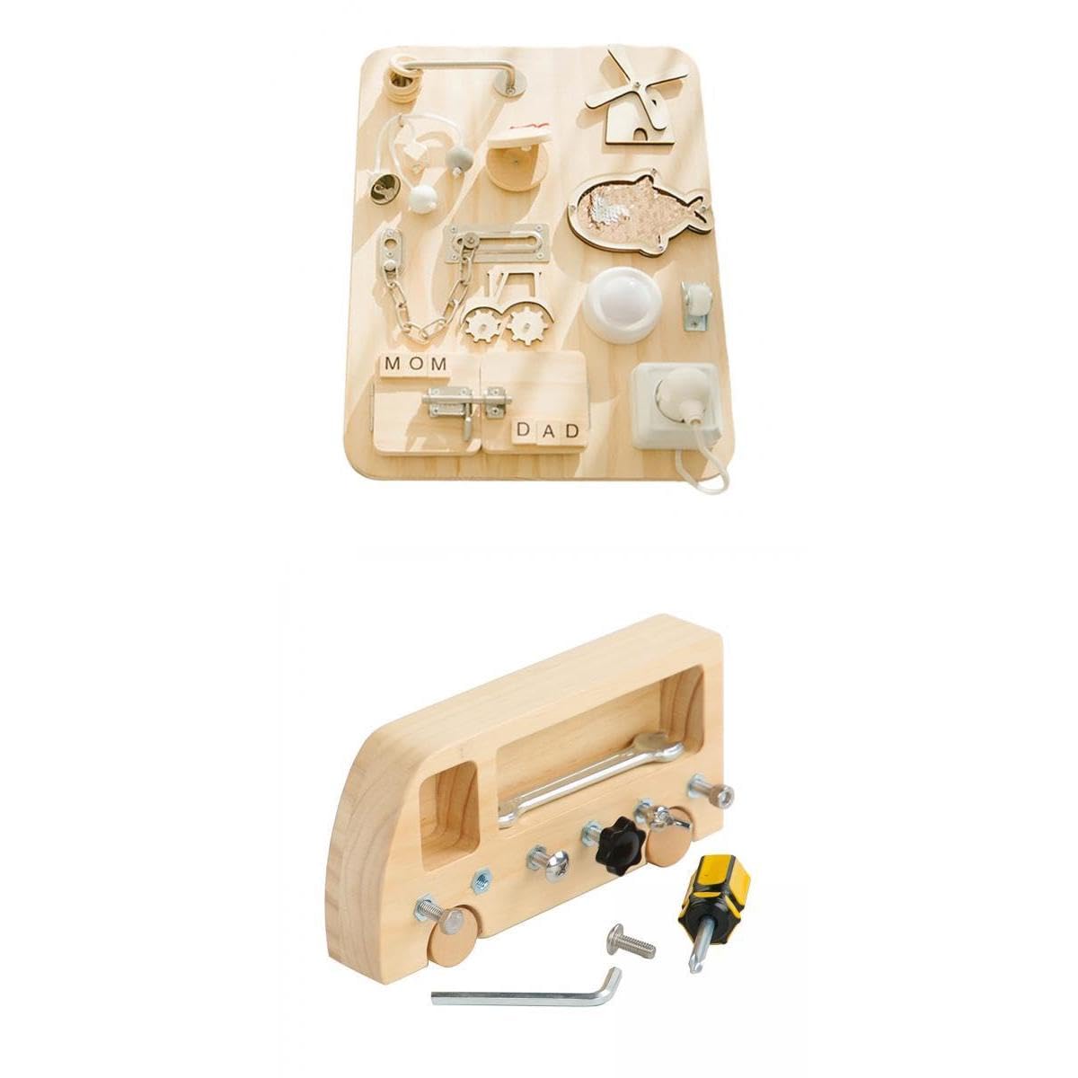 ATORSE 2X Wooden Busy Board Montessori Basic Life Skills and Fine Motor Activity