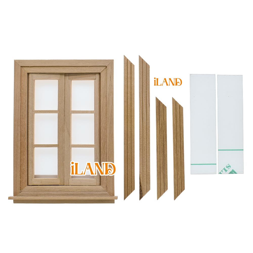 Iland Dollhouse Window, 1/12 Scale Accessories, Wooden Window Panes & Trims (Classic Push-Out)