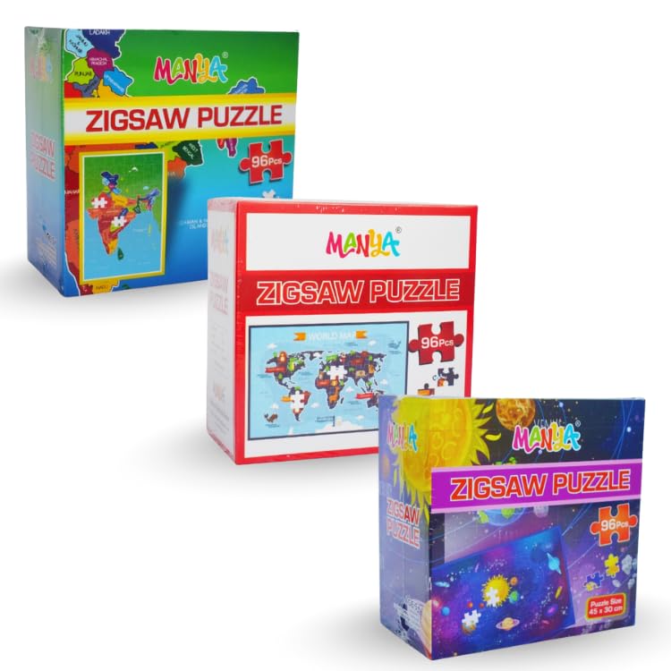 Manya Educational World Zigsaw Puzzle Set, 96 Pieces, Pack of 3 Designs  World Map, India Map, Space Theme
