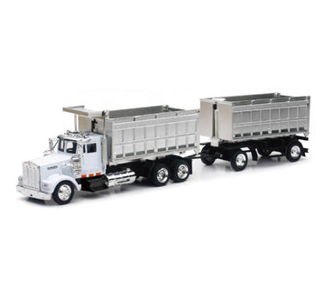 Kenworth W900 Double Dump Truck with Trailer in Red and Chrome, cab is die-cast Metal, Balance is high Impact Plastic,unisex-chi
