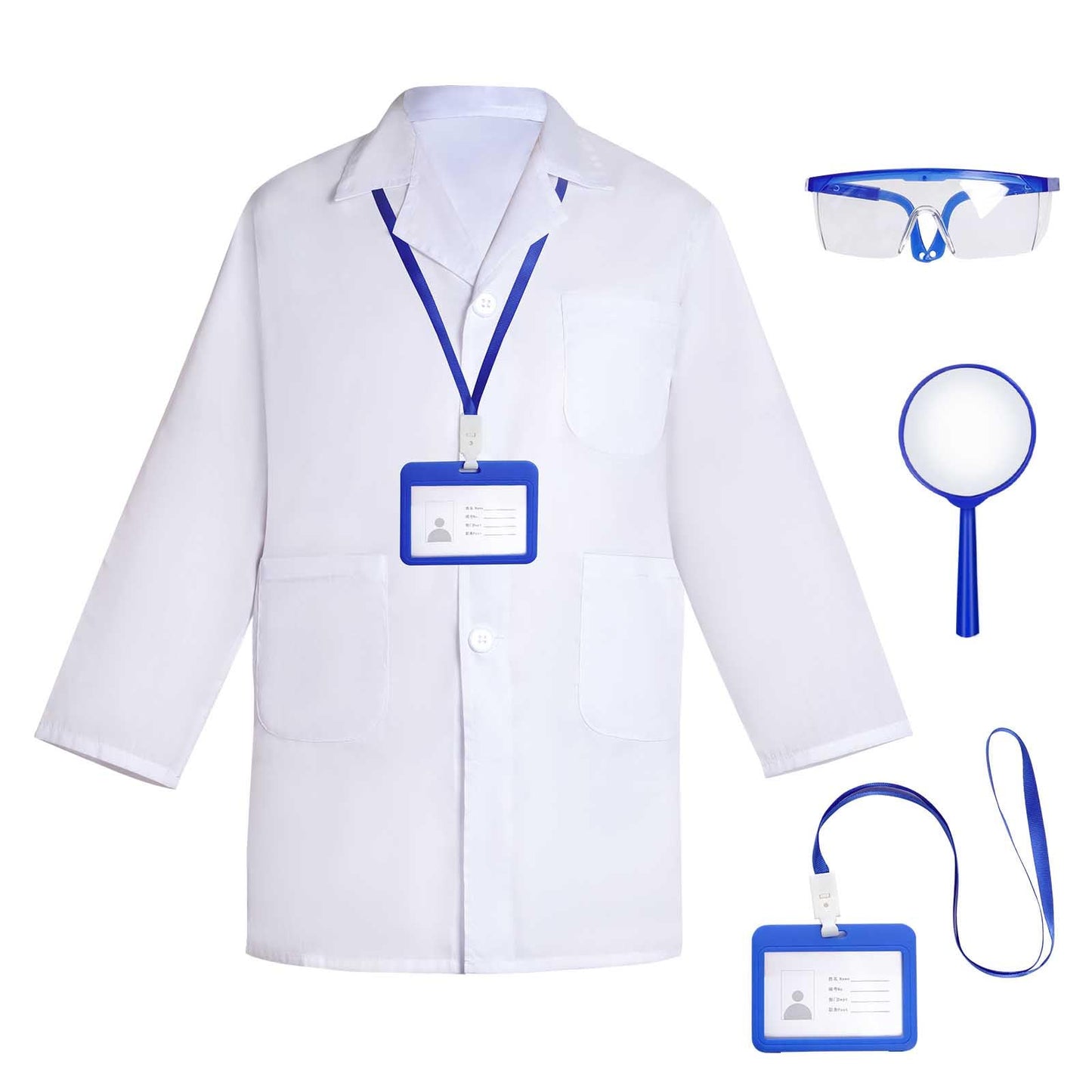 Mifengda Doctor Scientist Costume Kids Lab Coat And Goggles Children Dress Up Kit With Id Card Magnifying Glass For Halloween (Small, Blue)