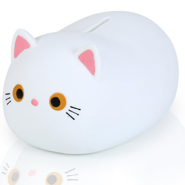 H&W White Cat Piggy Bank For Girls,Plastic Coin Bank,Unbreakable Money Bank,Cute Piggy Bank For Kids,First Money Box,Best Birthday