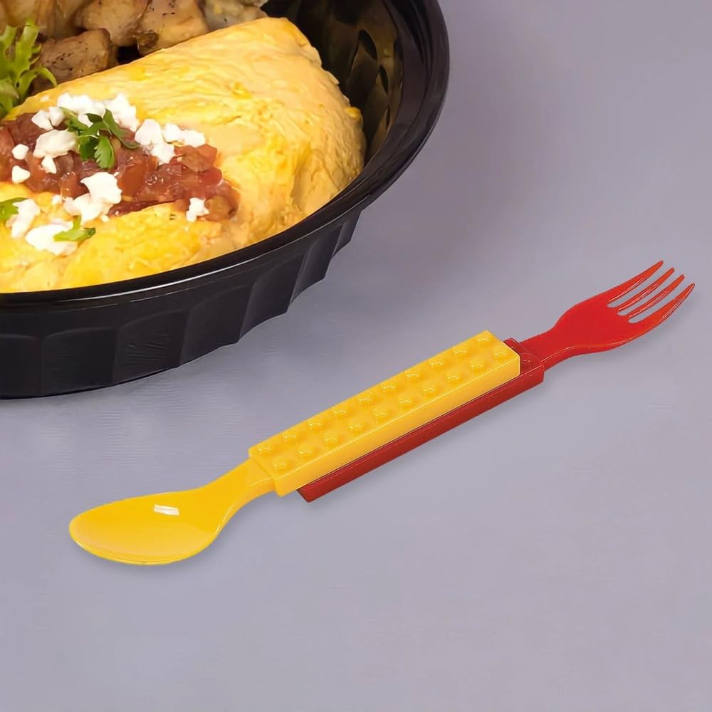 Fun Express Brick Party Fork & Spoon Utensils Set - 16 Pieces, Plastic Silverware for Building Block Birthday Parties
