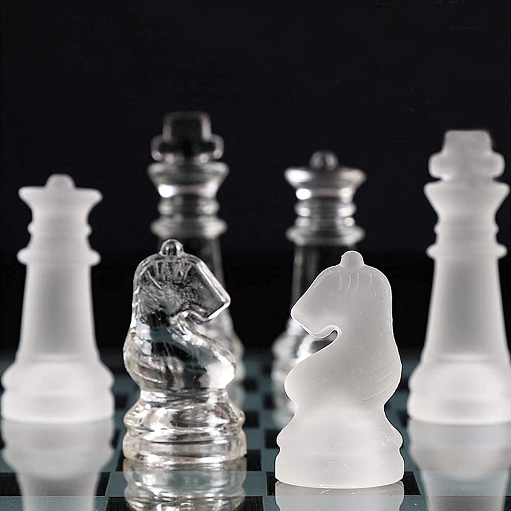 e5e10 Glass Chess Set - 10" Frosted & Clear Pieces, Felted Bottom, Black