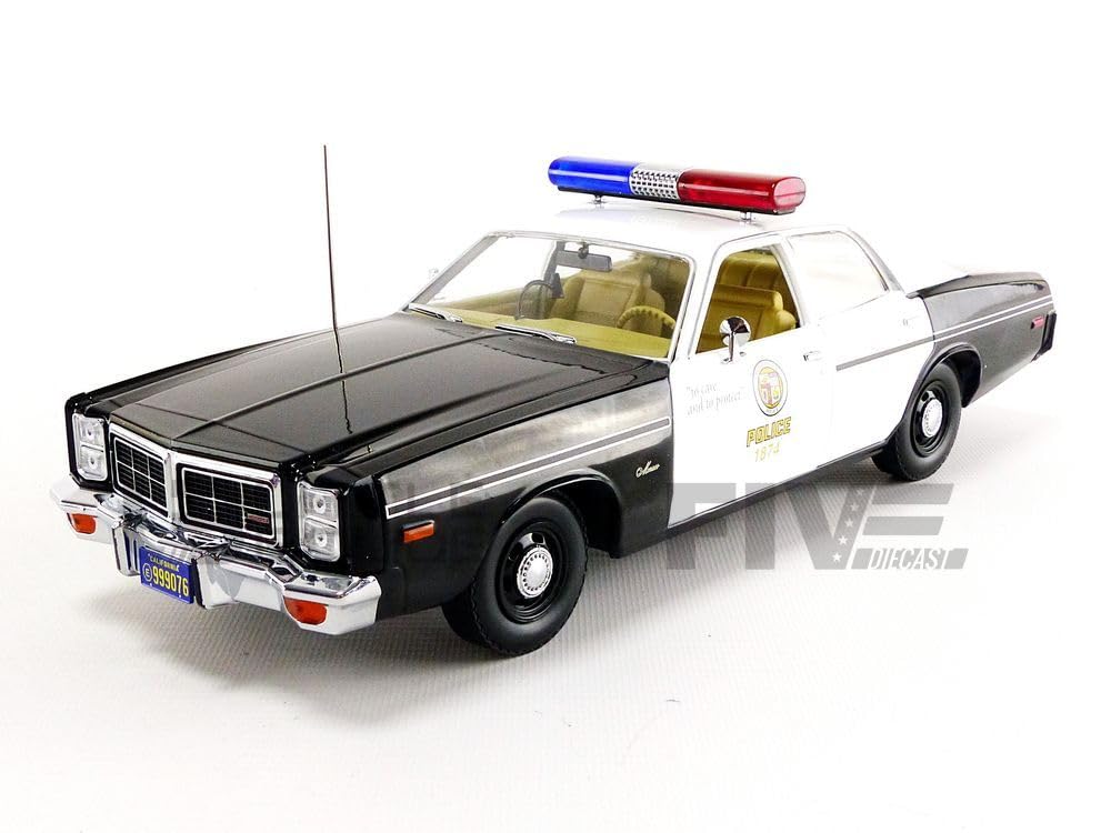 Greenlight 1977 Dodge Monaco Police Car with T-800 Figure, Black, Model 19042, Artisan Collection, Detailed Interior, Officially Licensed