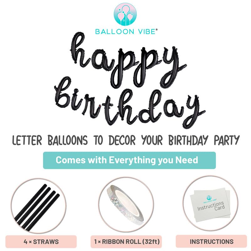 Balloon Vibe Happy Birthday Balloon Banner - Black 16 Inch Cursive Mylar Foil Letters Happy Birthday Banner For Birthday Decor -