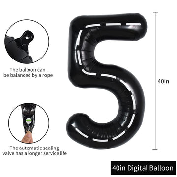 Toniful Race Car Black Balloons Car Birthday Party Supplies,40 Inch Giant Jumbo Helium Foil Mylar Big Number 5 Digital 5 Balloon