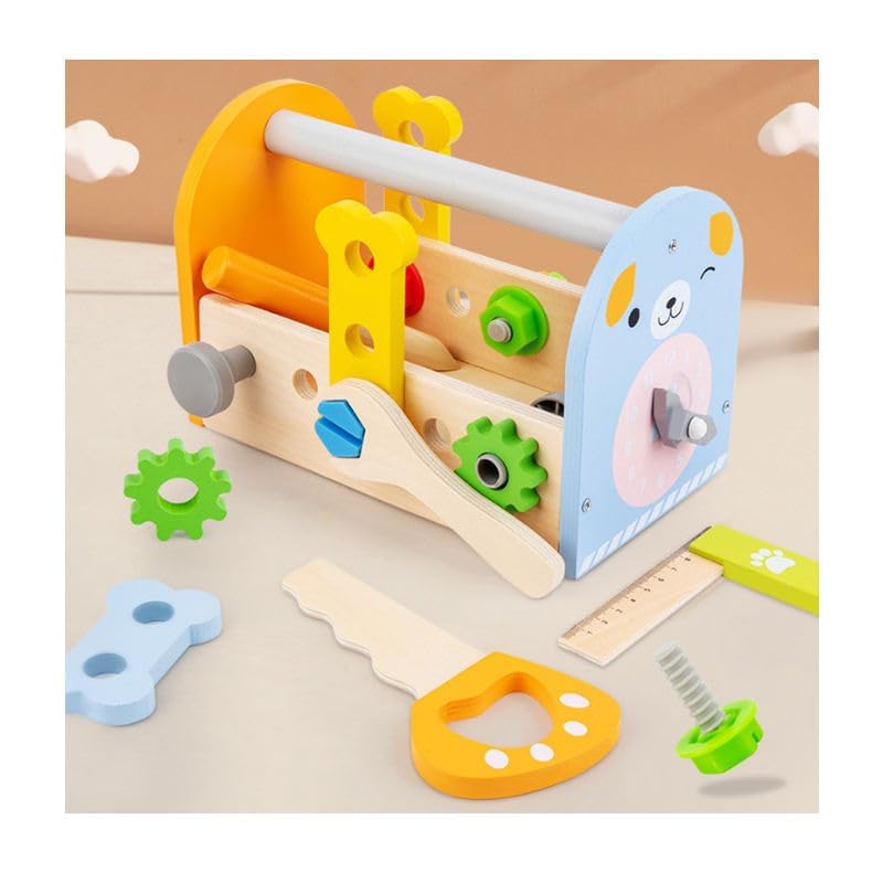 Diy Kids Wooden Portable Tool Box Toy  Role Play Kit Includes Hammers, Screwdrivers, Rulers, Wrenches & More Fine Motor Skill