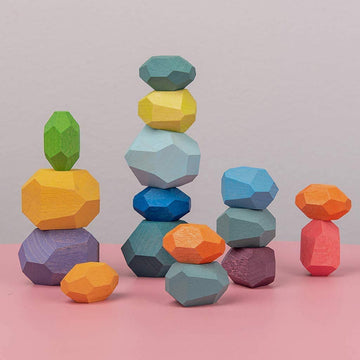 Rubrab Wooden Rocks Stones Tumi Ishi Wood Balancing Stacked Stone Baby Building Block Montessori Toys Block Colored Stone Toys Educational Creative Toy Stacking Game Artware (16Pcs Deep Colors)