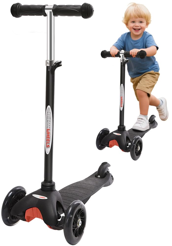 Chromewheels Scooter For Kids, Deluxe 4 Adjustable Height 3 Wheels Glider With Kick, Lean To Steer With Led Flashing Light, Black