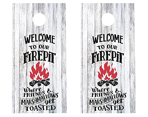 Cornhole Wraps #434 -Welcome To Our Firepit Cornhole Graphic Decals - Includes Application Squeegee - Set Of (2) 25'' X 49'' Wra