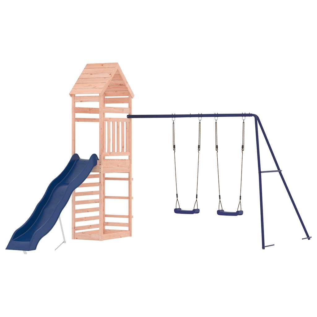 vidaXL Outdoor Childrens Playset - Solid Douglas Wood Playground with Rockwall, Wave Slide, Double Swing Set and Sandpit, Sturd