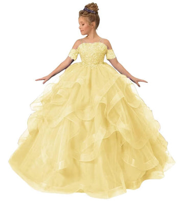 ZPVP Tulle Princess Girls Pageant Dress Tiered Ruffles Flower Girl Dress Beaded Appliques Wedding Party Costumes Yellow US6