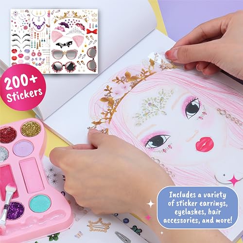 BSCOOL Make-up Artist. 3 in 1 Fun Makeup, Sticker, Coloring Kit, Includes Color Pencils, Makeup Palette, and 200+ Stickers. for