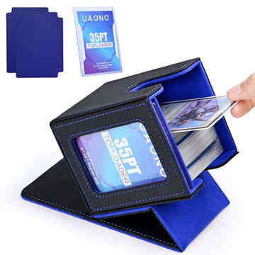 Uaono Card Deck Box With Mtg Commander Display, Deck Case Holds 100+ Double-Sleeved Cards, Trading Card Storage Box Fits Tcg/Ptcg/Sports Card With 2 Dividers, 1 Toploader (Black, Blue)