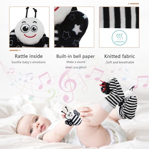 Wrist Rattle Foot Finder Sock for 0-36 Months Baby Boys and Girls, Newborn Baby Soft Hand & Feet Rattle 0-3 Years, Black and Whi