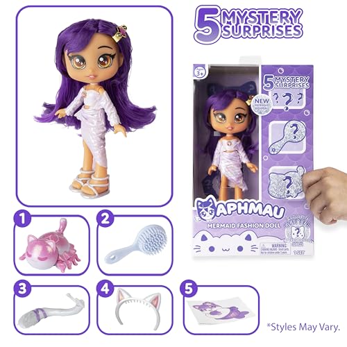 Aphmau Mermaid Fashion Doll with Accessories, 5 Surprise Toys & Glitter MeeMeows Figure – Exclusive Official Merch, Multicolor