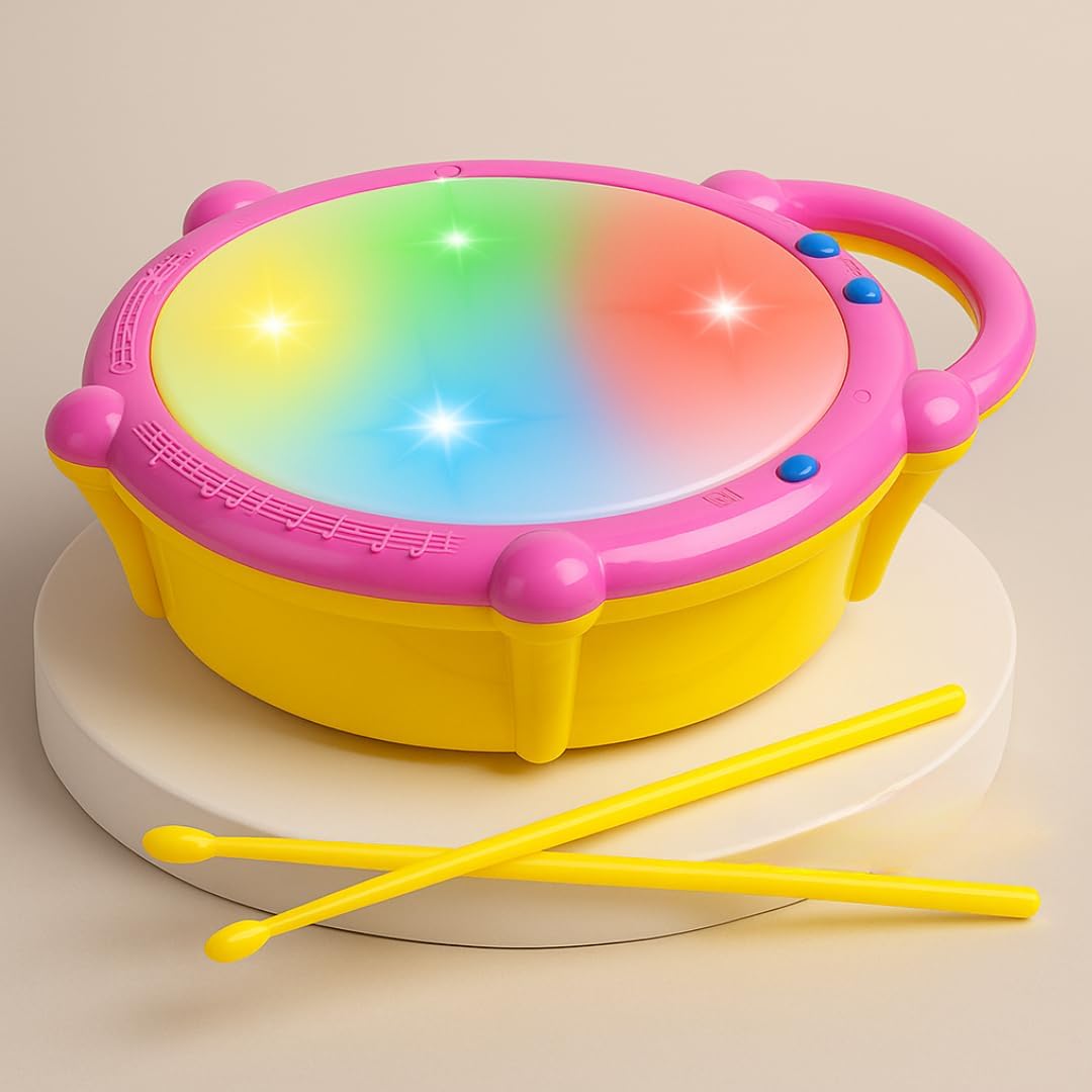 Toywale 3D Flash Drum Toy With Flash Light & Music Effects | Dynamic Musial Instrument Toy With 2 Mallets For Toddlers | Pink Co