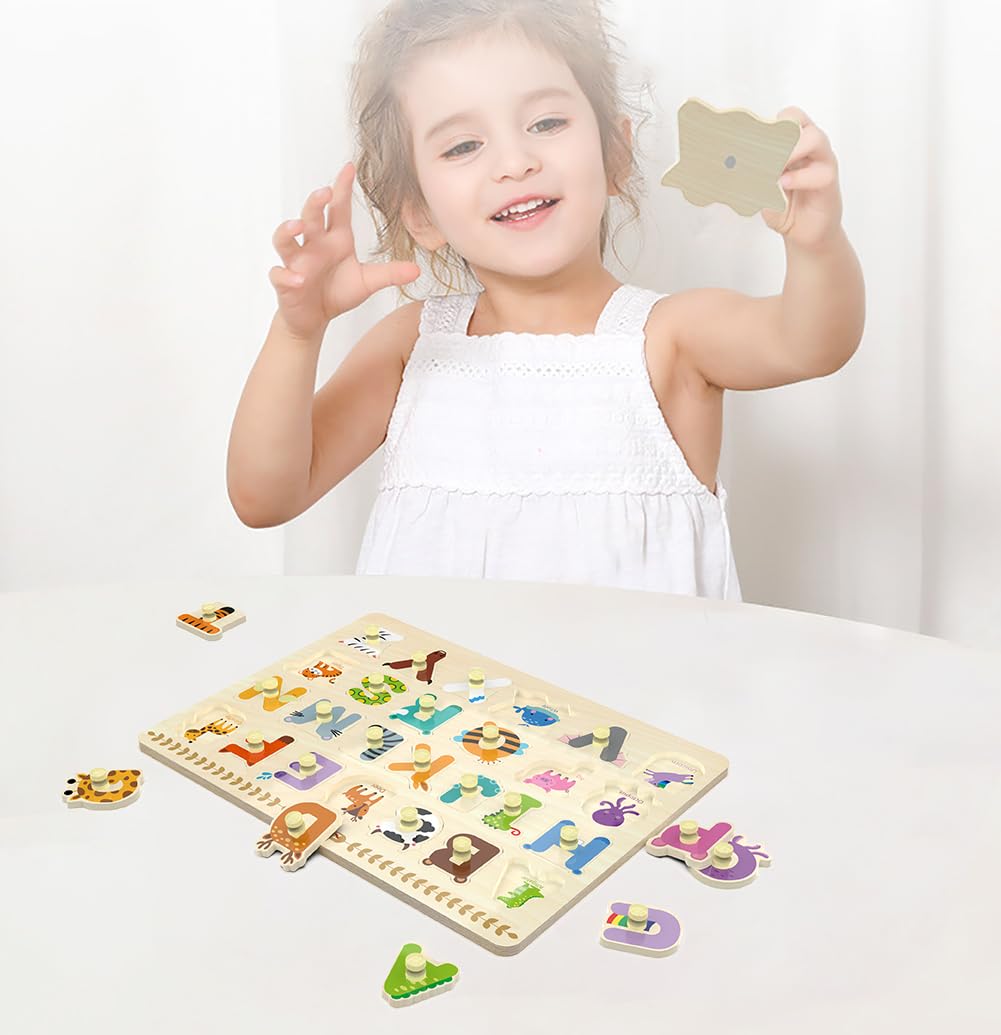 Wooden Peg Puzzles For Toddlers, Alphabet Learning Toys, Baby Puzzles Alphabet Board For Kids, Preschool Knob Puzzle For Boys Girls, Chunky Abc Shape Puzzles For 2 3 4 Year Old