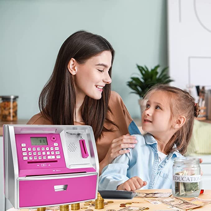 Like Talking Atm Savings Bank, Digital Piggy Bank, Atm Money Coins Machine For Kids Birthday Gift (Pink/Silver)
