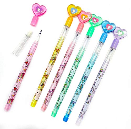 TINYMILLS Unicorn Kitty Stackable Pencils with Erasers, Multi-colored, 24 Pcs, Ideal for Birthday Party Favors and Classroom Rewards