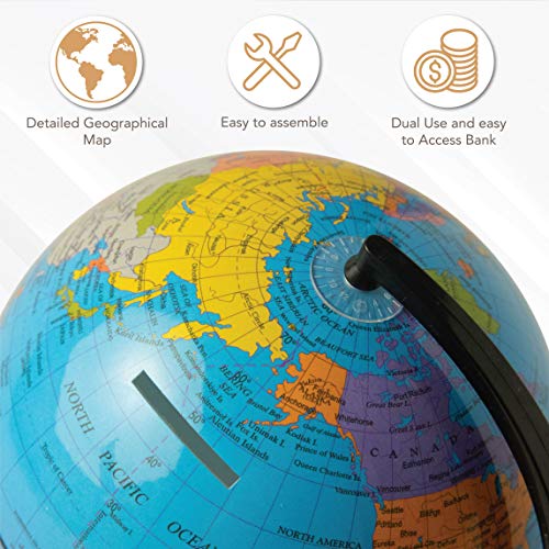 Hemispheres Save The World 5.6'' Coin Bank - Teach Kids To Save Money & Learn Places Around The World - Great For Desk Or Table